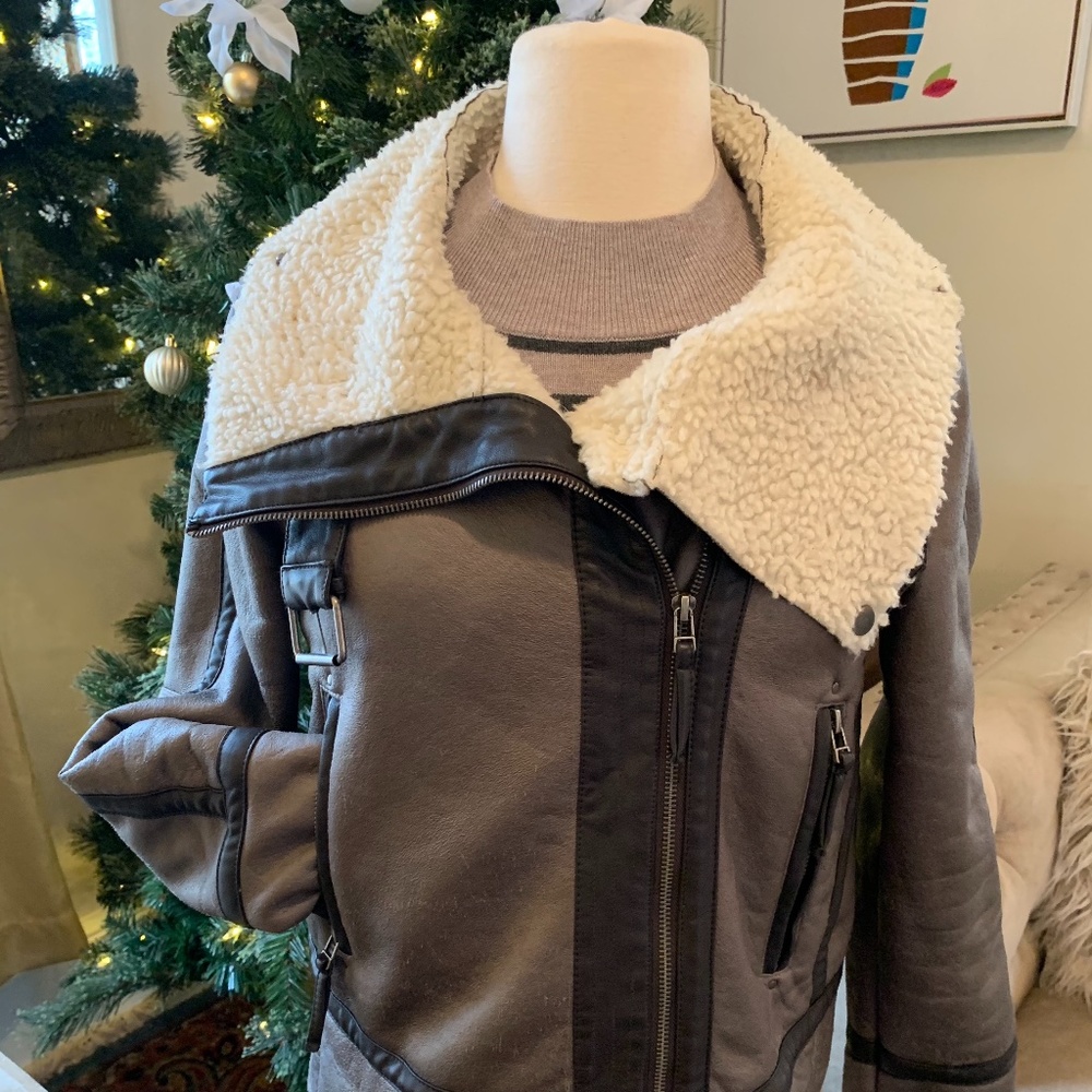 TOBI Leather and Shearling Platinum Moto Jacket